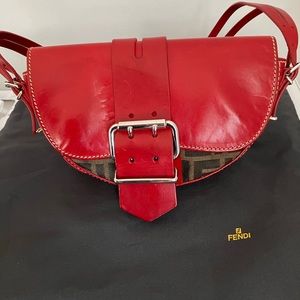 Vintage FENDI Zucca red leather canvas shoulder bag.
